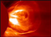 This is a NASA image of the largest ever recorded solar flare on April 21, 2001.  NASA